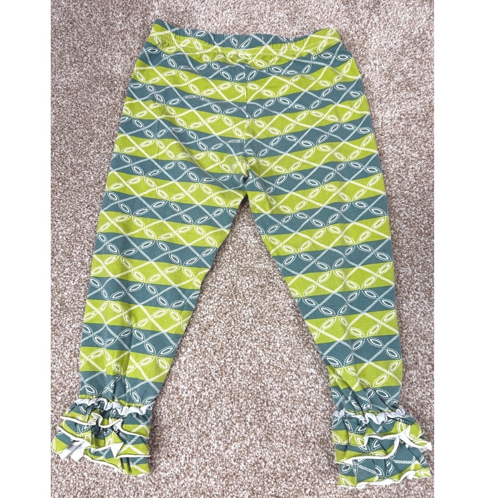 Matilda Jane Girls Green Leggings Teal Geometric Stripe Ruffle‎ Hem 6 Bennies